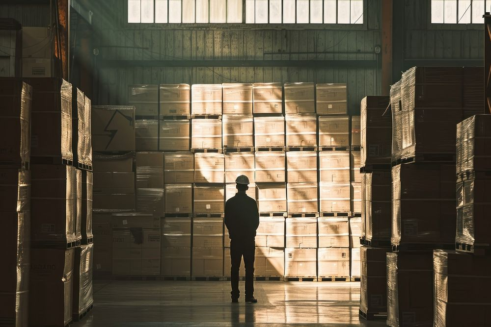 Warehouse inspection scene showing bulk cartons under supply chain review