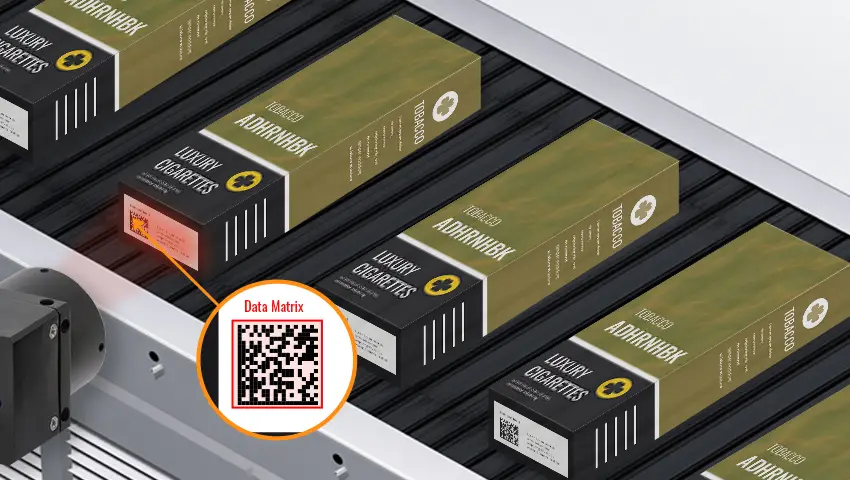 Close-up illustration of cigarette pack DataMatrix code used for traceability and carton-level verification