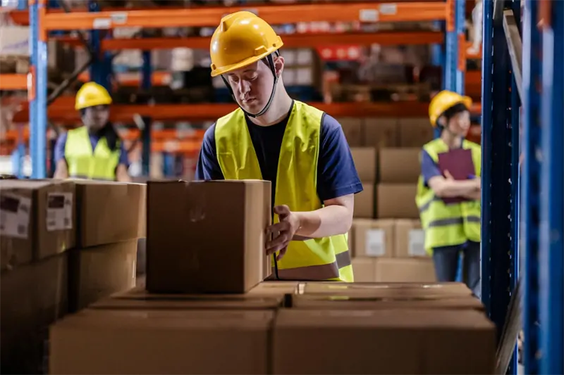 Warehouse worker inspecting stacked cartons during bulk storage check