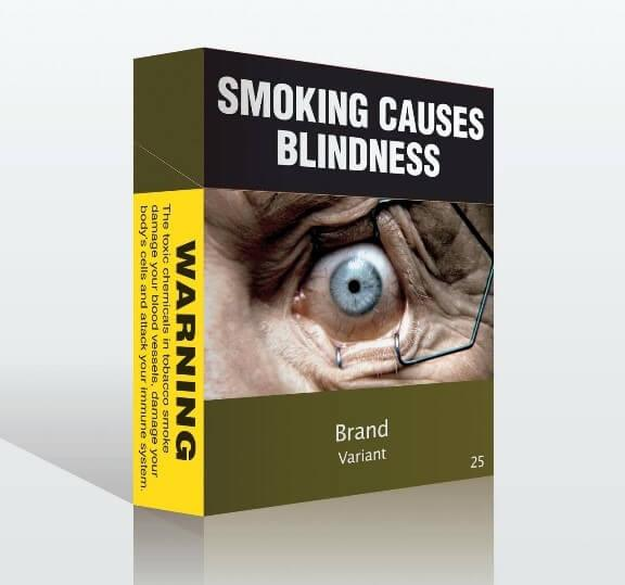 Plain cigarette packaging example showing health warning placementPlain cigarette packaging example showing health warning placement