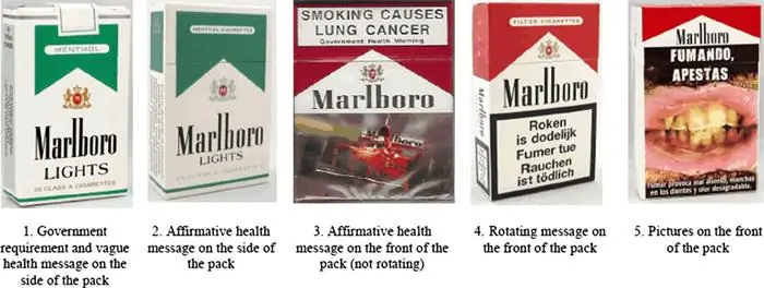 Examples of cigarette pack warning labels showing how front-of-pack messaging can vary